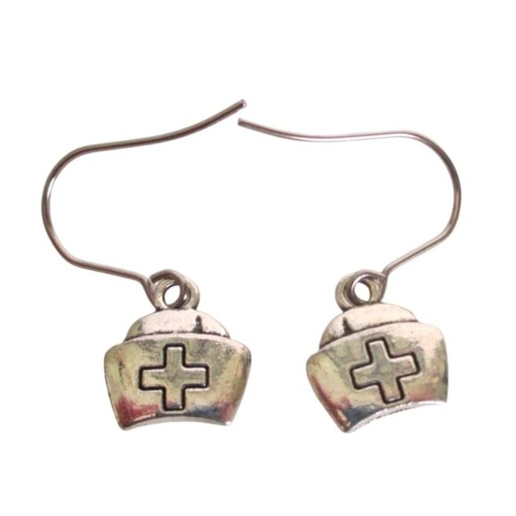 New Nurse Cap Dangle Pierced Earrings With Cross Design on Stainless Hooks - Picture 4 of 5